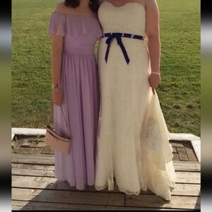 Strapless Wedding Dress, Lace with Royal Blue Ribbon